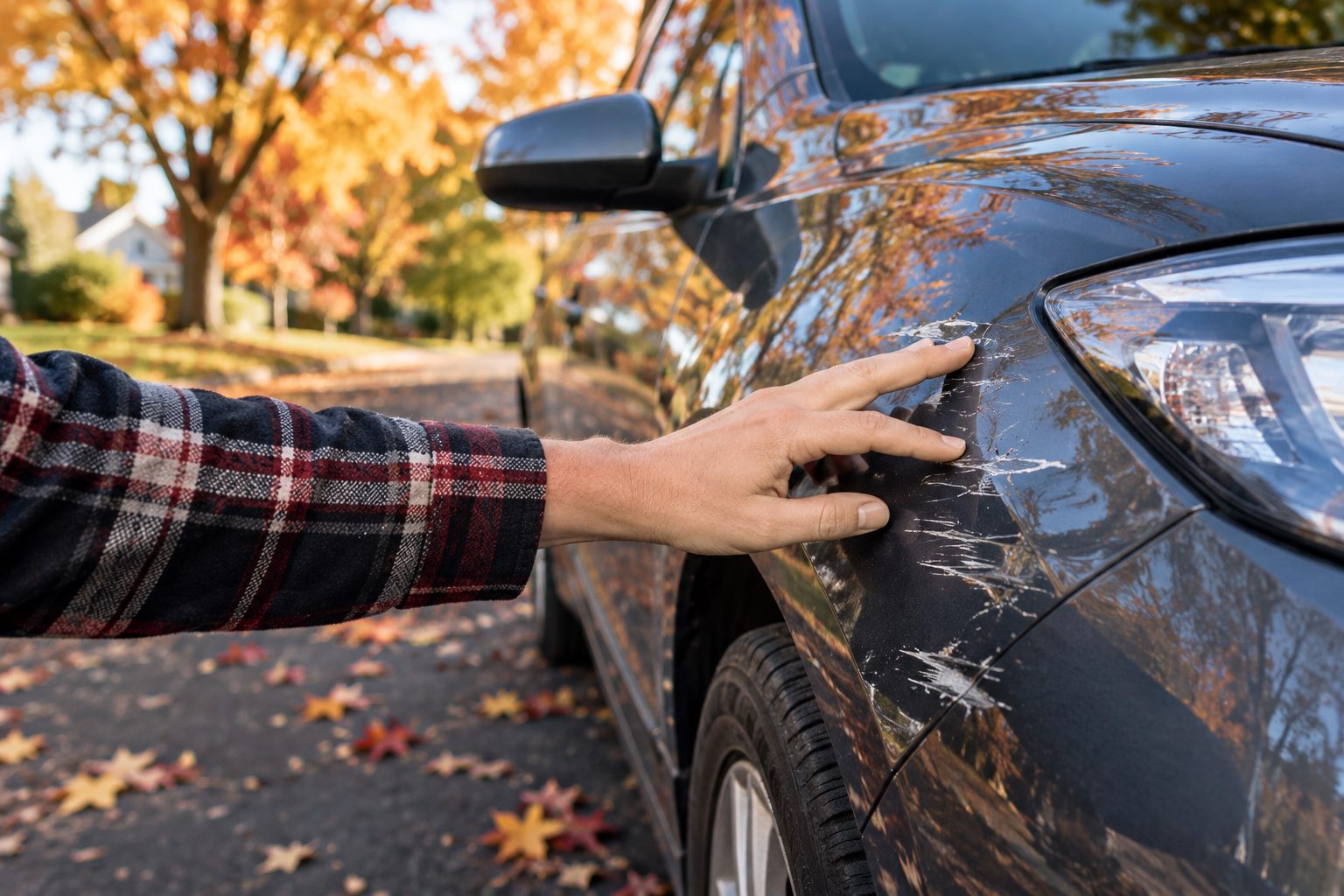 Car paint damage on a vehicle door before winter